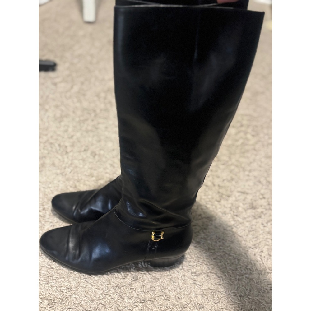 Salvatore Ferragamo Black Leather Knee HighBootsSize7GoldGanciniHeelMade inItaly